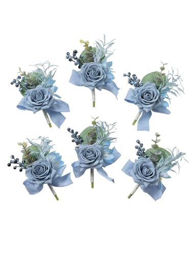 Dusty Blue Rose Boutonniere for Men,Set of 6,Groomsmen Groom Boutonnieres for Wedding Corsage Ceremony Anniversary, Formal Dinner Party, Fall Vintage Rustic Marriage Prom Flower - color: 6pcs Blue Boutonnieres