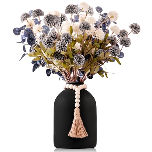 20''H Fake Flowers in Large Vase for Centerpiece Table Decorations with 10Pcs Fake Mums Flowers Eucalyptus Stems Faux Pompon Kiku Flowers Arrangement for Home Decor (Blue/Black Vase) - color: Blue/Black Vase