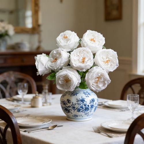 4 Pcs Real Touch Peonies Artificial Flowers, 3.5'' Big Bloom Austin Rose Peony Latex Fake Flower with Stems for Wedding Bouquet Party Valentines Arrangement Home Kitchen (White) - color: White