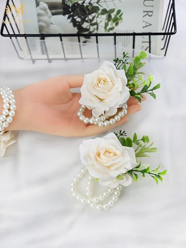Wrist Corsage for Wedding(Set of 6),Artificial Champagne Rose Eucalyptus Pearls Wristband Corsages for Bride Bridesmaids Wedding, Women Mother Wrist Flower for Prom Party Anniversary Decor - color: Champagne-c Wrist Corsage 6pcs