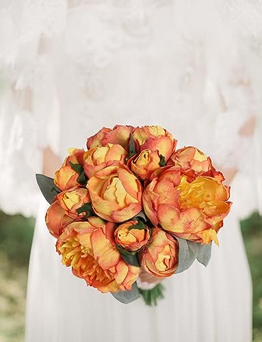 Fake Peonies 2 Bouquets Vintage Silk Peonies Flower 14 Heads Orange Artificial Flowers with Stems for Terracota Wedding Decoration Flowers Crafts Floral Arrangement (Orange) - color: Orange