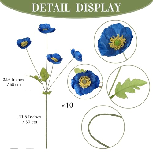 10 Pcs Artificial Poppy Flowers with 40 Heads Lifelike Silk Fake Poppies for Vase Faux Poppies with Stem for Spring Wedding Home Table Centerpiece Baby Shower Veterans Day Decor (Royal Blue) - color: Royal Blue