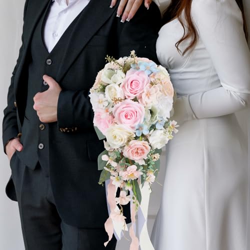 Blush Pink Wedding Bouquets for Bride,10 Inch Fake Cascading Bridal Bouquet Silk Faux Flowers for Ceremony Anniversary Wedding Bridal Shower(Light Pink) - color: Light Pink