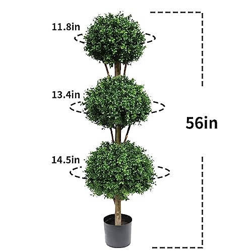 Damomo Artificial Topiary Ball Tree Outdoor, 4.6ft Fake Topiaries Triple Ball Trees(1 Pieces) Faux Boxwood Plants Potted Green Decorative Indoor or Garden（56inch） - size: 4ft 8in