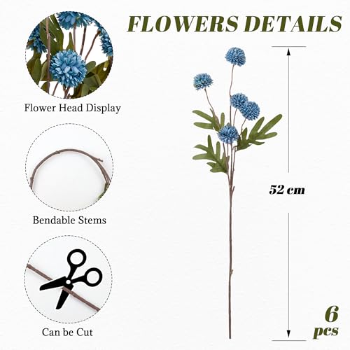 SITUMEIZI Dusty Blue Flowers, Faux Silk Mini Chrysanthemum Stems, 6Pcs Fake Mums Artificial Flowers for DIY Wedding Centerpieces Arrangements and Floral Crafts - color: Blue