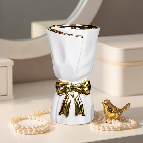 White Bow Vase - 10 Inch Modern Ceramic Vases for Living Room, Decorative Flower Vase for Home Decor, Wedding, Dining Room, Kitchen, Table, Bookshelf, Bathroom Decor - color: White, size: 10 inch