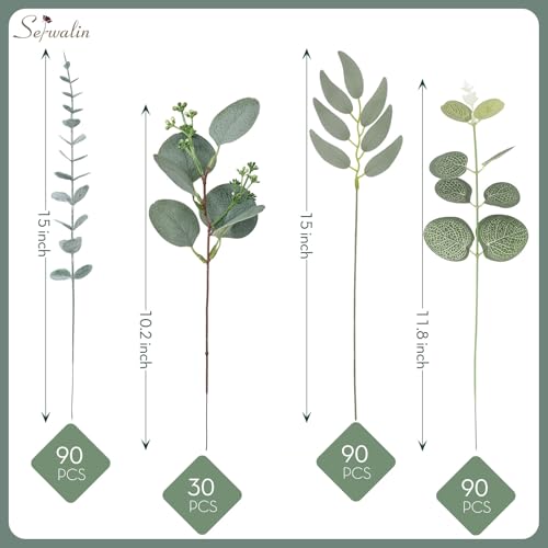 Serwalin 300 pcs Artificial Mixed Eucalyptus Leaves Stems Bulk, 4 Kinds Silver Dollar Eucalyptus Leaves Picks,Faux Greenery Stems Sprays for DIY Bouquets Floral Arrangement Home Decor - color: Attractive Forest Green-300pcs