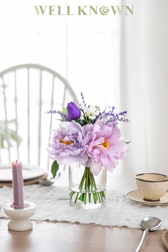WELL KNOWN Artificial Flowers in Glass Vase with Fake Water, Silk Peony Fake Tulip Lavender Bouquet for Home Dining Table Office Hotel Wedding Party Lavatory Decor & Gift (Lavender Purple) - color: Lavender Purple