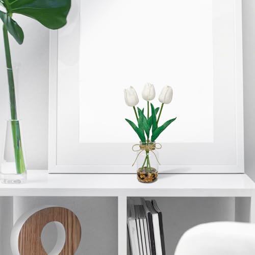 2 Packs Faux Flowers Artificial Tulips in Glass Vase with Faux Water Stone, Poly Foam White Fake Tulips Real Touch Flowers Arrangement for Home Kitchen Wedding Centerpiece Decoration - color: White