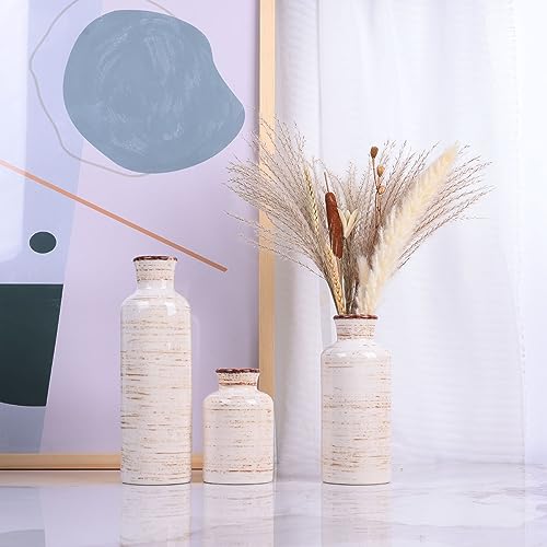 Ceramic Vase Set - 3 Ceramic Small Vases, Farmhouse Country Flower Vase Home Decor, Living Room Decoration, Table Decoration, Fireplace Decor, and Entrance Decorations Centerpieces - color: Beige
