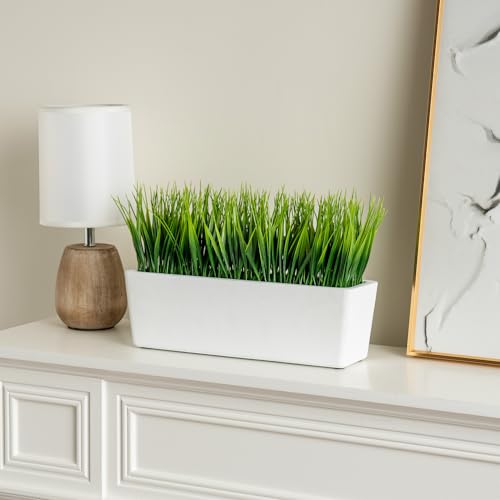 MyGift 14 Inch Artificial Green Grass Plant in Modern White Concrete Planter Window Box, Tabletop Faux Greenery in Decorative Rectangular Cement Container - color: White Concrete