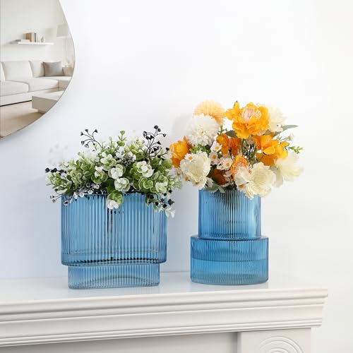 Blue Glass Vases, Set of 2 Ribbed Vases for Flowers, Blue Vase for Tulips, Modern Glass Vase for Living Room, Dining Table, Office, Entryway, Mantle, Bookshelf, Wedding Gifts - color: Blue, size: Ribbed + Oval (2-Pack)