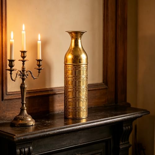 Hosley 16" Distressed Gold Etched Metal Flower Vase Metallic Cylinder Centerpiece with Geometric Grid Pattern for Home Decoration Floral Arrangements - color: Antique Gold, size: 16" High