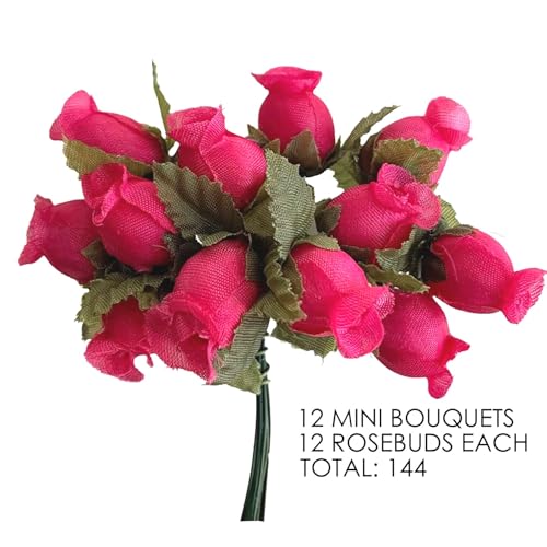 Hot Pink Artificial Silk Flower Roses - 12 Mini Bouquets of 12 Rosebuds, 144 Fuchsia Rosebuds Total, Valentine’s Day Wedding Decor, Easter Reception Wreath, Anniversary Floral Arrangement - color: Fuchsia Pink