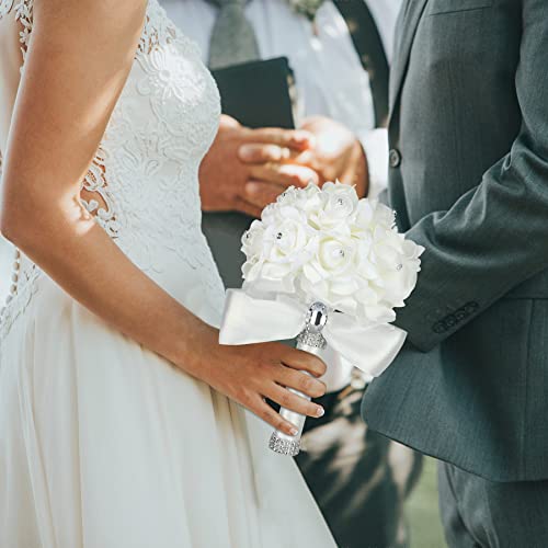 Wedding Bouquet Crystal Roses Bridesmaid Bouquet, Bridal Bouquet Artificial Flowers for Wedding, Party and Church (Ivory Ribbon) - color: Ivory-