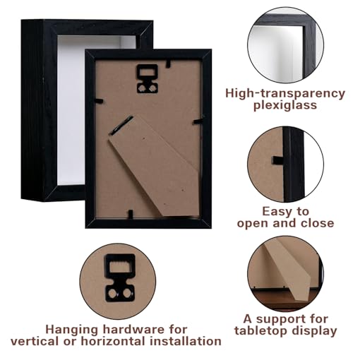 4x6 Shadow Box - 2Pack Black Wooden Deep Picture Frame with Shatter-Resistant Panel for Wall Decor | 3D Display Case for Military Medals, Flowers, Photos and Crafts | Easy to Open & Ready to Hang Gift - color: Black, size: 2Pcs 4x6in