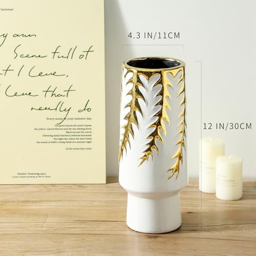 Ceramic Flower Vase, White and Gold vase, 12in Ceramic vases for Home Decor Leaf Pattern Decorative Centerpiece Vases, Vintage-vase for Table, Dining Living Room, Entryway, Office House Decoration - size: 12 Inch