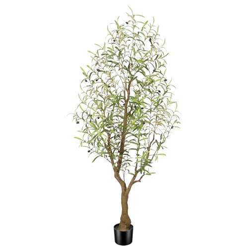 Faux Olive Tree 6FT, Olive Trees Artificial Indoor, Fake Tree with Realistic Leaves & Fruits for Home Office Living Room Decor - size: 6ft