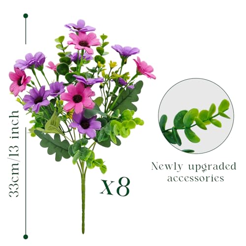 8 Bundles Fake Silk Daisy Outdoor Artificial Flowers UV Resistant Faux Plants Bright Colors for Front Porch Planter Balcony Patio Garden Home Indoor Decoration (Purple) - color: Purple