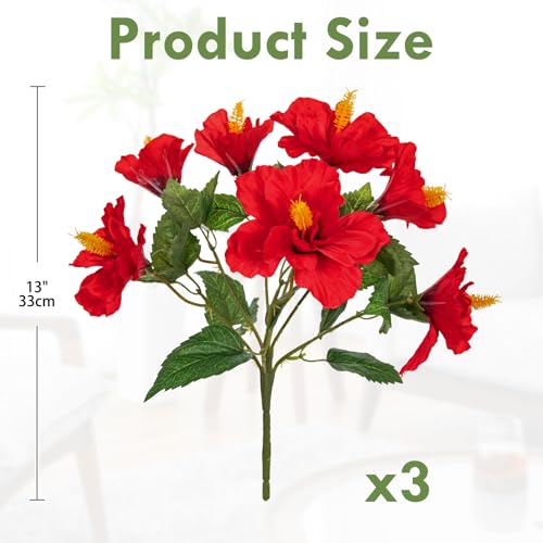 Briful 3 Bundles Artificial Hibiscus Flowers 13in, Short Faux Hibiscus Stems with Full Blooms, Silk Tropical Flowers for Small Vase, Hanging Basket, Centerpiece, Party, Indoor Outdoor Decor, Red - color: Red#944