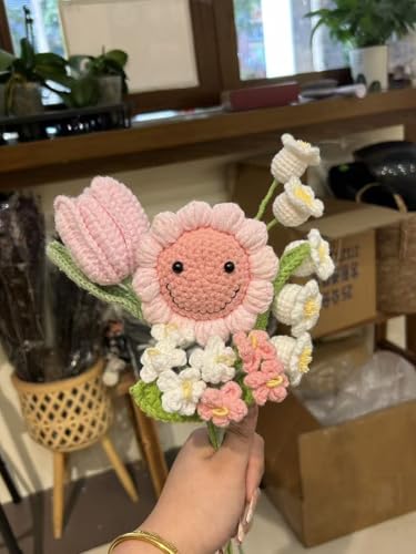 Pink Sunflower Tulips Crochet Flowers Bouquet Handmade Knitted Artificial Flowers Home Decor Graduation Mother's Day Birthday Anniversary Wedding Gift for Wife Lover Teacher Friends with Card - color: Flowers015