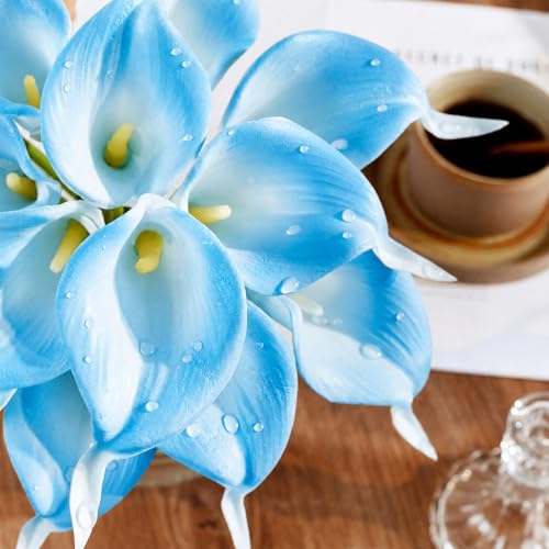 Artificial Calla Lily 12Pcs Blue Real Touch Faux Flowers for Wedding Bouquet, Bride Bridal Shower, Spring Home Kitchen Table Decor, Fake Lilies for Centerpieces, Party Decorations - color: White Blue
