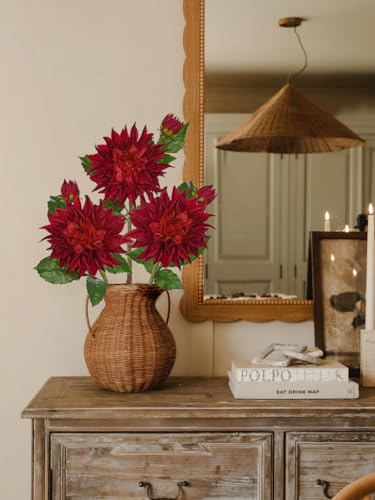 Artificial Dahlia Flowers – Set of 3 | 27.9" Tall Real-Touch Silk Dahlia Stems with Large 6.1" Blooms | Lifelike Red Faux Flowers for Home Decor, Wedding, Centerpieces & Floral Arrangements - color: Deep Red