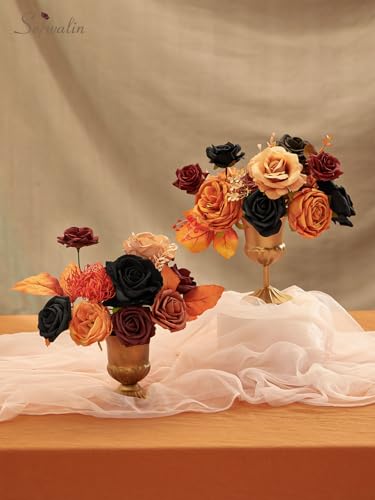 Serwalin Fall Flowers Vintage Orange & Black Artificial Flowers Halloween Black Wedding Flowers Combo for Wedding Bouquets Centerpieces Flower Arrangements Decorations - color: A Vintage Orange Black, size: 1 Box