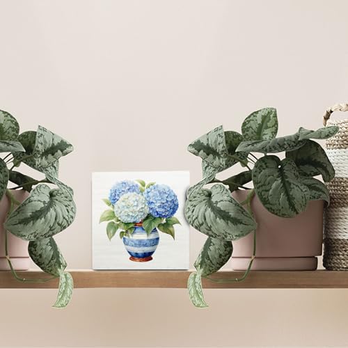 Hydrangea Floral Decor Wooden Signs,Blue And White Porcelain Chinoiserie Wooden Box Sign,Blue Hydrangea Desk Accessories Decor For Home Desk Tabletop Shelf Decoration 5x5 Inches - color: Hydrangea Floral
