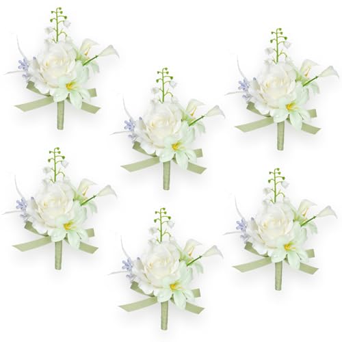 AuroraAria Pearl White Boutonniere for Men,Set of 6,Groom Boutonniere for Wedding,Anniversary,Homecoming,Formal Dinner Party,Wedding Decor,Artificial Pearl White Rose - color: Pearl White