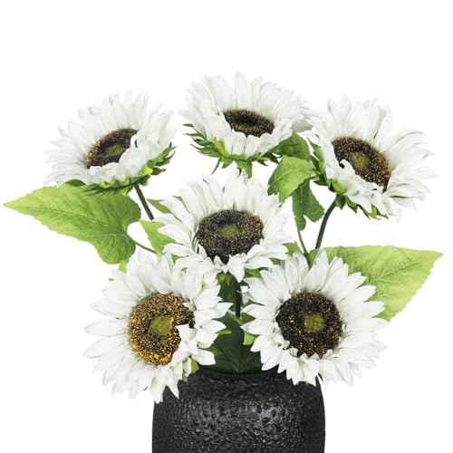 Olrla Long Stem Artificial Sunflower 6pcs, White Fake Sun Flowers Single Stem for Table Centerpiece, DIY Arrangement,Vintage Cottage Decor (NO VASE) - color: White Long Stem
