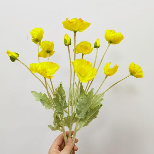 Poppy Flowers Artificial， Poppy Silk Flowers with Stems，Ranunculus Artificial Flowers，Faux Flower Stems for Wedding,Party, Outdoor Indoor Decor Flower Arrangements for Table (3, Yellow) - color: Yellow