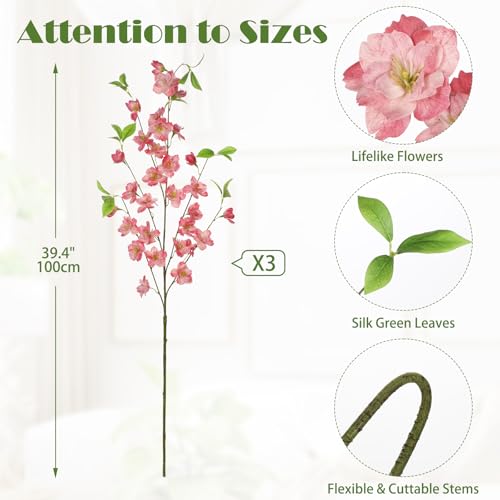 3 Pcs Dark Pink Cherry Blossom Branches 39.4" Silk Flowers with Stems Long Stem Artificial Flowers for Spring Summer Indoor Decoration Faux Flower for Vase Arrangements Table Centerpiece Wedding Decor - color: Dark Pink