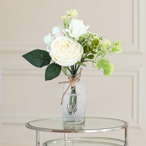 AFRITEE Faux White Silk Flower Arrangements - Centerpiece Table White Rose Flower Bouquet in Small Vase Set for Home Indoor Dining Room Wedding Centerpieces Coffee Table Decor - color: White Bouquet+relief Vase