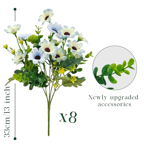 8 Bundles Fake Silk Daisy Outdoor Artificial Flowers UV Resistant Faux Plants Bright Colors for Front Porch Planter Balcony Patio Garden Home Indoor Decoration (Blue) - color: Blue