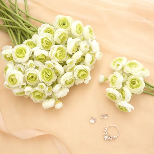 24 Stems Artificial Ranunculus Flowers - 96 Bloom Faux Silk Ranunculus Bouquet for Wedding Decorations, Home Décor, Holiday Arrangements & Large Event Centerpieces (Whitegreen) - color: Whitegreen
