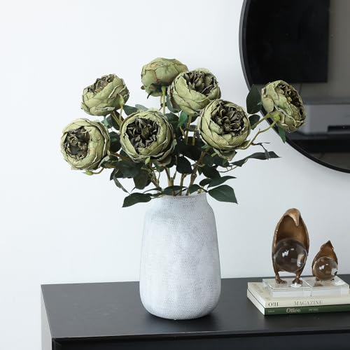 mizii 6Pcs Burnt Green Artificial Roses Flowers Fake Silk Roses Flower with Long Stem for Wedding Decorations Table Centerpieces Flower Arrangement Home Decor (Burnt Green) - color: Burnt Green