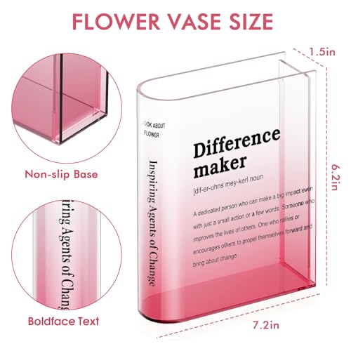 BuyCard Clear Acrylic Book Vase with Difference Maker, Transparent Decorative Flower Vase, Bookshelf Decor,Unique Stuff for Book Lovers, Motivational Gift, Pink - color: Gradient Pink