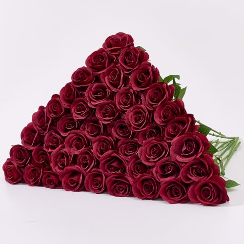 60 PCS Fake Burgundy Roses Artificial Burgundy Flowers Bulk Realistic Silk Faux Rose with Stems for Wedding Decoration Anniversary Bridal Bouquet DIY Floral Arrangement Romantic Home Decor Gifts - color: Burgundy