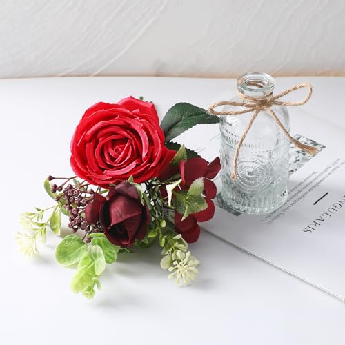AFRITEE Artificial Flowers with Vase - Small Red Fake Plants Faux Silk Flower Arrangement in Vase for Home Decor for Indoor Dining Living Room Coffee Wedding Table Centerpieces - color: Red Bouquet+relief Vase