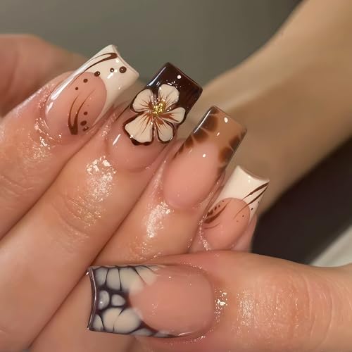 24Pcs Fall Press on Nails Medium Square Fake Nails with 3D Flowers Gold Beads False Nails Autumn Winter Flower Full Cover Glue on Nail Brown Flower Artificial Stick on Nails for Women Manicure