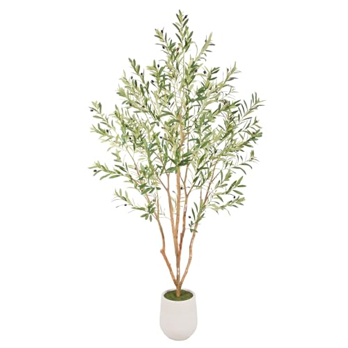 Bellacat 7ft Super Fuller Faux Olive Tree with White Decorative Planter & Multiple Real Wood Trunks, 84in Artificial Olive Tree with Realistic Fruits, Fake Olive Tree for Indoor & Outdoor Décor - style: 7ft Olive Tree