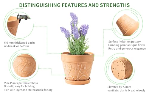 Melphoe Plant Pots Indoor with Drainage & Saucer, 2Pack 7 inch Flower Pots Outdoor Planters for Indoor Plants Garden Home Decor Cactus Succulent, Rigid Plastic (Imitation-Terracotta) Vine-Embossed - color: Terracotta Color, size: 7''