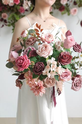 YYHUAWU Mauve Artificial Flowers Combo Set Fake Flower Leaf Box with Stems for DIY Wedding Bouquets Centerpieces Flower Arrangements Decorations Baby Shower Party Home Decorations - color: Mauve & Rose