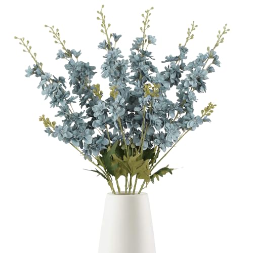 6PCS Dusty Blue Delphinium Artificial Flowers, 34.25" Long Stems Silk Larkspur Dusty Blue Flowers for Tall Vase Faux Delphinium for Wedding Centerpieces Home Decor Indoor - color: Dusty Blue