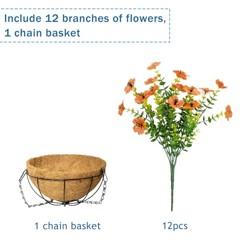 Fall Artificial Flowers for Outdoors with Basket,UV Resistant Realistic Fall Flowers Outdoor Fall Faux Flowers for Yard Porch Patio Garden Home Decor,12 Bundles(Orange) - color: Orange