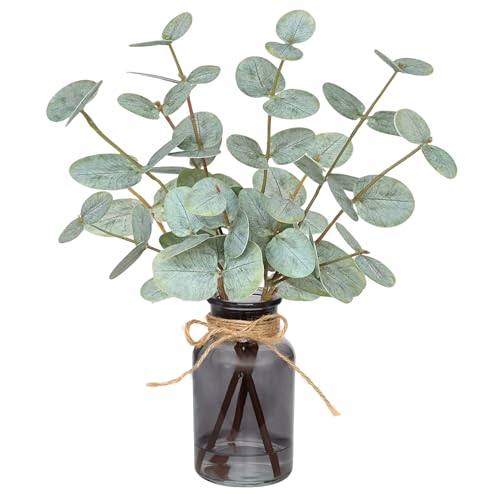 Artificial Eucalyptus Stems in Vase with Faux Water,Fake Plants for Bathroom,Coffee Table,Green Leaves for Centerpiece,Faux Greenery Plants Decorations.(Green-Black Bottle) - color: Green-black Bottle