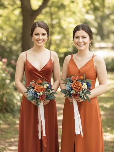 Rinlong Navy Terracotta Bridesmaid Bouquet, Fall Wedding Bouquets | Bridal Bouquet, Prom, Homecoming, Destination Friendly - color: 02-navy & Terracotta