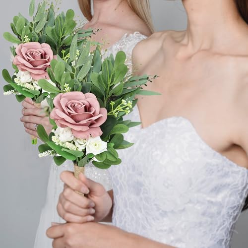 8 Inch Bridesmaid Bouquets Set of 6 - Artificial Flowers Greenery Bouquet for Wedding, Small Floral Bouquet for Ceremony Anniversary Marriage Proposal Centerpiece Decorations - Dusty Pink - color: Dusty Pink, size: 6pcs