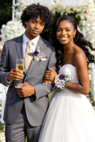 Rose Purple Corsage and Boutonniere Set for Wedding Prom(Set of 2),Artificial Flower Wrist Corsage Bracelets for Women Homecoming, Boutonniere for Men Suit Decorations Party Anniversary - color: Purple, size: 1 Corsage & 1 Boutonniere